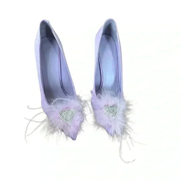 Amara Ostrich Pumps Lilac Pointed toe heeled tag satin feather silver heart.Sz39 - Picture 3 of 8
